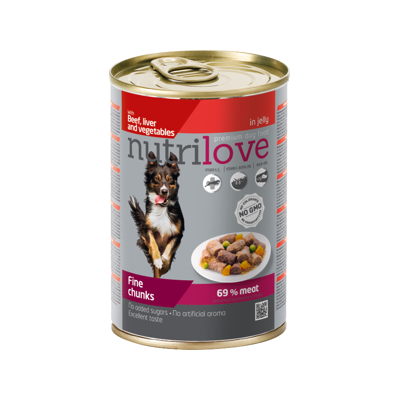 Nutrilove premium kawałki z wołowiną, wątróbką i warzywani w galaretce dla psa 415g [11449]
