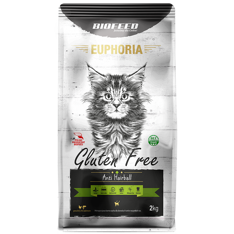 Biofeed euphoria anti hairball gluten free karma dla kotów z drobiem i łososiem 2kg