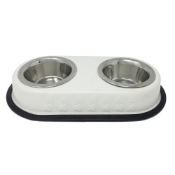 Yarro miska metalowa podwójna dla psa na białej, wytłaczanej podstawce 2x16,5cm [y2816]
