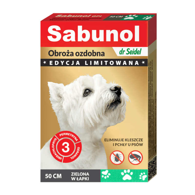 Sabunol gpi obroża ozdobna zielona w łapki przeciw kleszczom i pchłom dla psów 50 cm