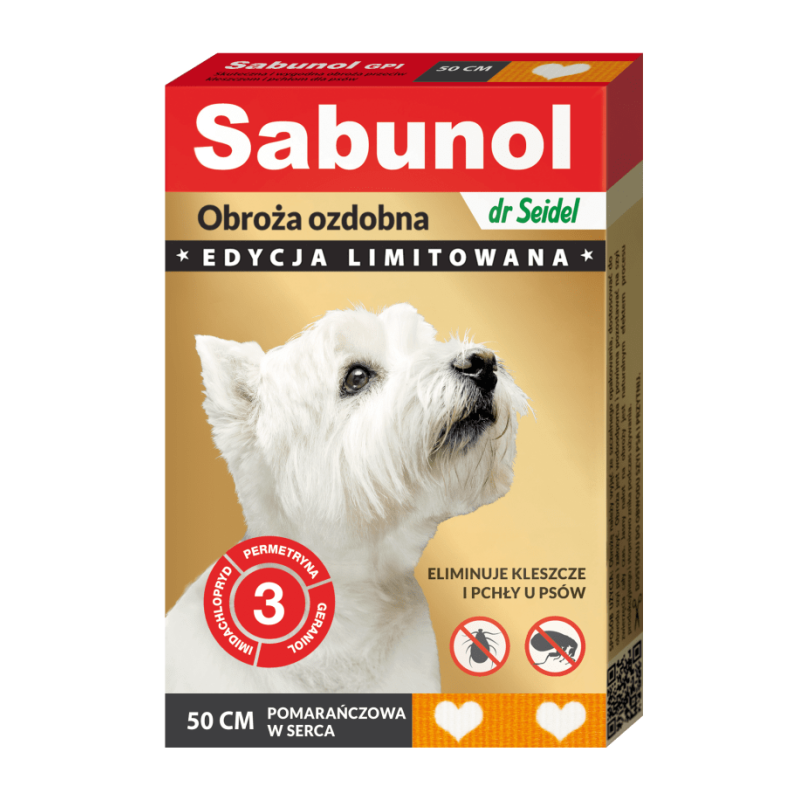 Sabunol gpi obroża ozdobna pomarańczowa w serca przeciw kleszczom i pchłom dla psów 50 cm